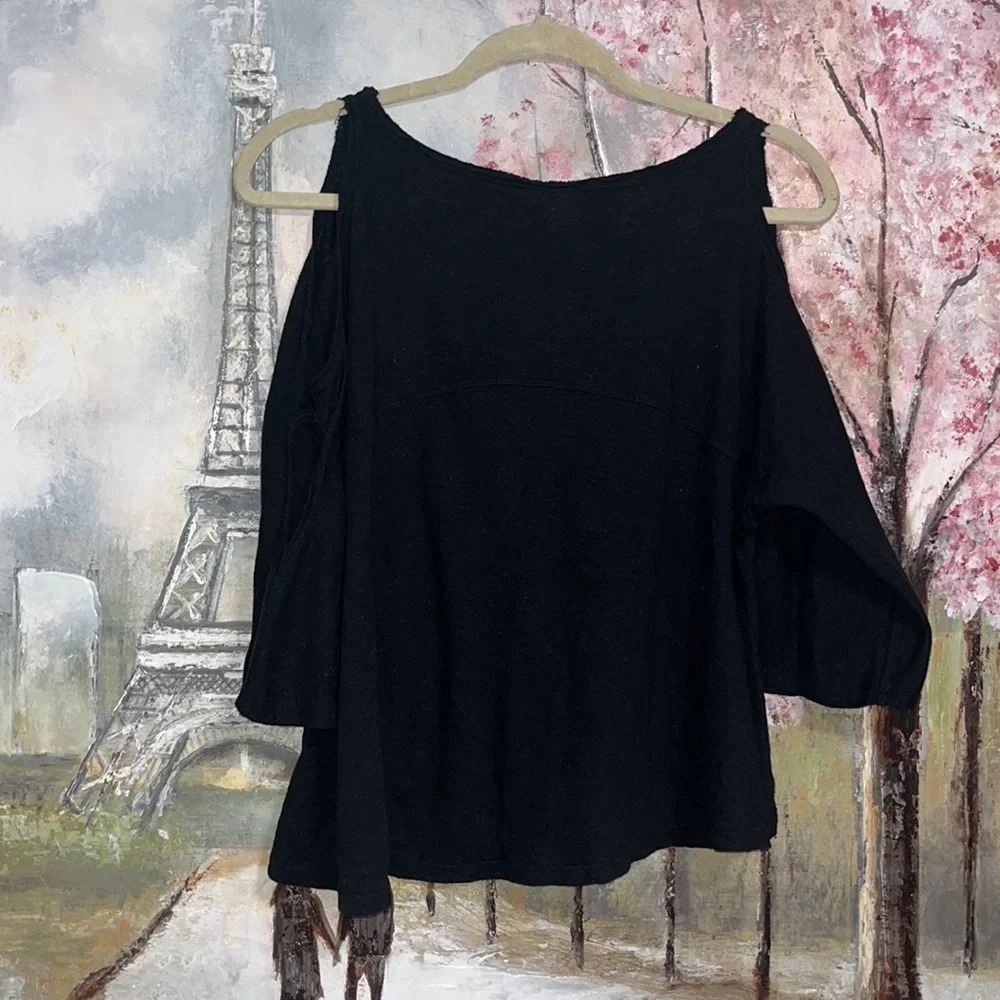 Free People Cold Shoulder Double Slits 3/4 Sleeve Black Flowy Cotton Shirt XS